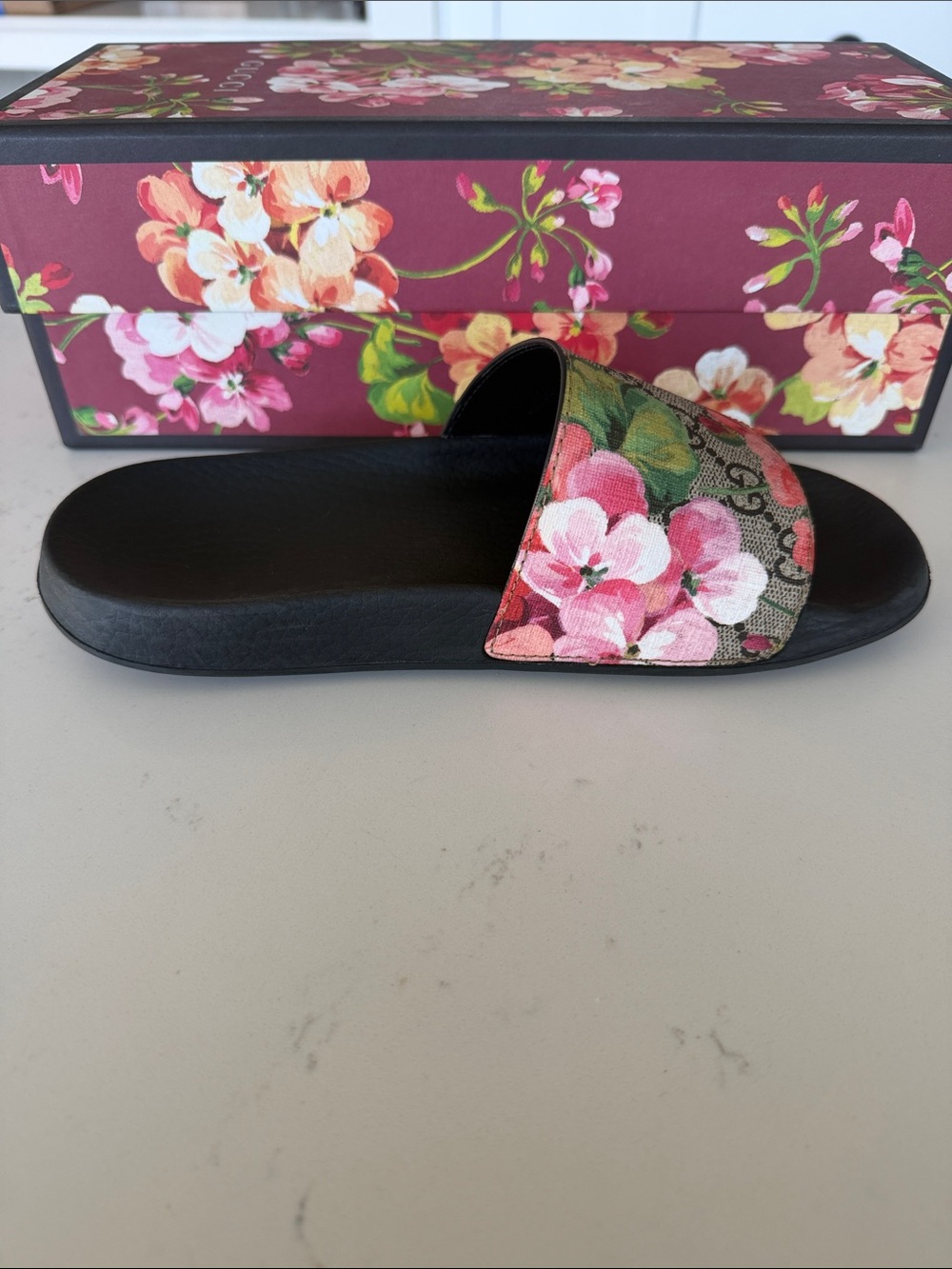 Real Gucci Floral GG Canvas Slide Sandals - Pink, Green - Picture 4 of 8